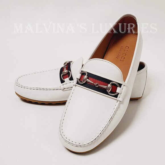 GUCCI SHOES MENS DRIVER MOCCASINS HORSEBIT WEB WHITE LEATHER sz 8.5G 9 - Picture 5 of 16
